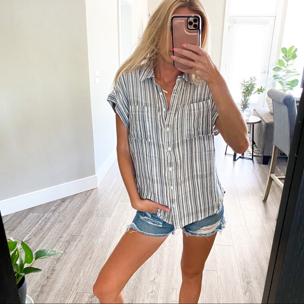 White & Gray Striped Short Sleeve Button Blouse